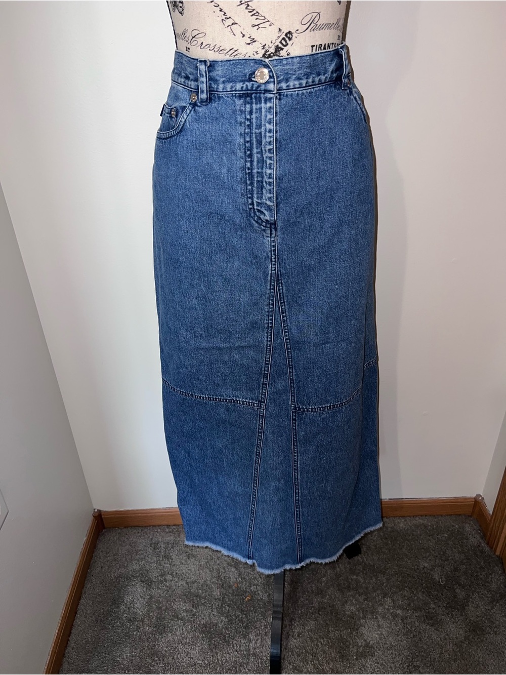 VTG Lauren Ralph Lauren Denim Maxi Skirt Raw Hem High Rise Western 16
